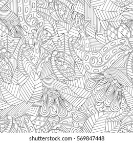 Tracery seamless calming pattern. Mehndi design. Ethnic monochrome binary doodle texture. Curved doodling black and white background. Vector.