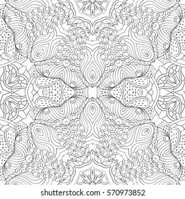 Tracery seamless calming pattern. Mehndi design. Ethnic monochrome binary doodle texture. Curved doodling black and white background. Vector.