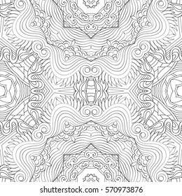 Tracery seamless calming pattern. Mehndi design. Ethnic monochrome binary doodle texture. Curved doodling black and white background. Vector.