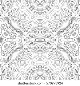 Tracery seamless calming pattern. Mehndi design. Ethnic monochrome binary doodle texture. Curved doodling black and white background. Vector.