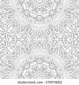Tracery seamless calming pattern. Mehndi design. Ethnic monochrome binary doodle texture. Curved doodling black and white background. Vector.