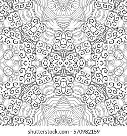 Tracery seamless calming pattern. Mehndi design. Ethnic monochrome binary doodle texture. Curved doodling black and white background. Vector.