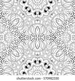 Tracery seamless calming pattern. Mehndi design. Ethnic monochrome binary doodle texture. Curved doodling black and white background. Vector.