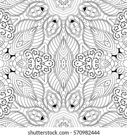 Tracery seamless calming pattern. Mehndi design. Ethnic monochrome binary doodle texture. Curved doodling black and white background. Vector.