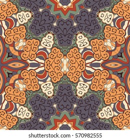 Tracery seamless calming pattern. Mehndi design. Ethnic colorful doodle texture. Curved doodling background. Vector.