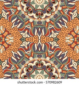 Tracery seamless calming pattern. Mehndi design. Ethnic colorful doodle texture. Curved doodling background. Vector.