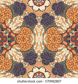 Tracery seamless calming pattern. Mehndi design. Ethnic colorful doodle texture. Curved doodling background. Vector.