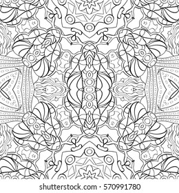 Tracery seamless calming pattern. Mehndi design. Ethnic monochrome binary doodle texture. Curved doodling black and white background. Vector.