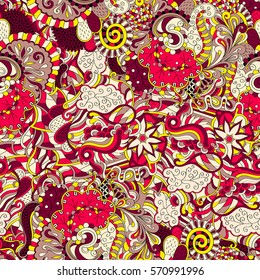 Tracery seamless calming pattern. Mehndi design. Ethnic colorful doodle texture. Curved doodling background. Vector.