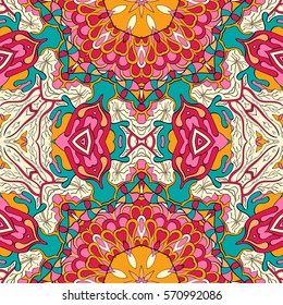 Tracery seamless calming pattern. Mehndi design. Ethnic colorful doodle texture. Curved doodling background. Vector.
