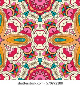 Tracery seamless calming pattern. Mehndi design. Ethnic colorful doodle texture. Curved doodling background. Vector.