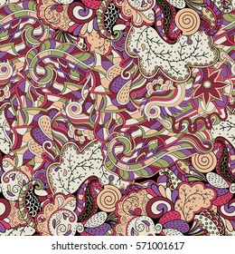 Tracery seamless calming pattern. Mehndi design. Ethnic colorful doodle texture. Curved doodling background. Vector.