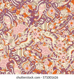 Tracery seamless calming pattern. Mehndi design. Ethnic colorful doodle texture. Curved doodling background. Vector.