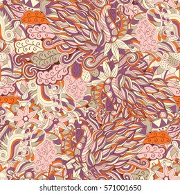 Tracery seamless calming pattern. Mehndi design. Ethnic colorful doodle texture. Curved doodling background. Vector.