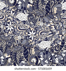 Tracery seamless calming pattern. Mehndi design. Ethnic colorful doodle texture. Curved doodling background. Vector.