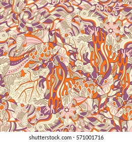 Tracery seamless calming pattern. Mehndi design. Ethnic colorful doodle texture. Curved doodling background. Vector.