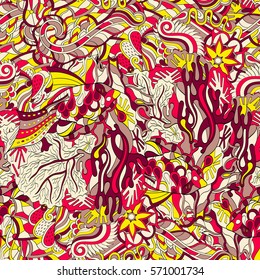 Tracery seamless calming pattern. Mehndi design. Ethnic colorful doodle texture. Curved doodling background. Vector.