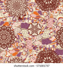 Tracery seamless calming pattern. Mehndi design. Ethnic colorful doodle texture. Curved doodling background. Vector.
