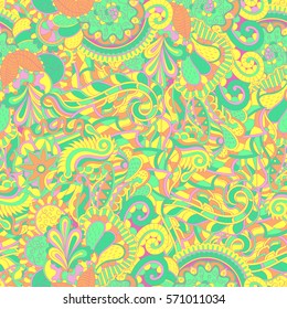 Tracery seamless calming pattern. Mehndi design. Ethnic colorful doodle texture. Curved doodling background. Vector.