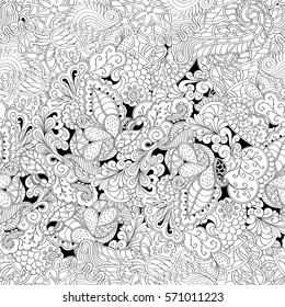 Tracery seamless calming pattern. Mehndi design. Ethnic monochrome binary doodle texture. Curved doodling black and white background. Vector.