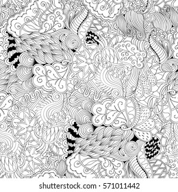 Tracery seamless calming pattern. Mehndi design. Ethnic monochrome binary doodle texture. Curved doodling black and white background. Vector.