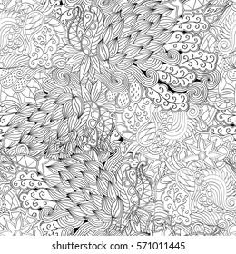 Tracery seamless calming pattern. Mehndi design. Ethnic monochrome binary doodle texture. Curved doodling black and white background. Vector.