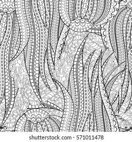 Tracery seamless calming pattern. Mehndi design. Ethnic monochrome binary doodle texture. Curved doodling black and white background. Vector.