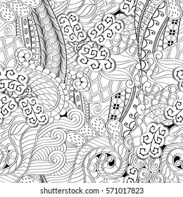 Tracery seamless calming pattern. Mehndi design. Ethnic monochrome binary doodle texture. Curved doodling black and white background. Vector.