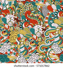Tracery seamless calming pattern. Mehndi design. Ethnic colorful doodle texture. Curved doodling background. Vector.