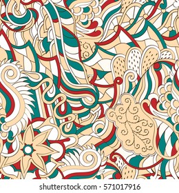 Tracery seamless calming pattern. Mehndi design. Ethnic colorful doodle texture. Curved doodling background. Vector.