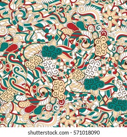 Tracery seamless calming pattern. Mehndi design. Ethnic colorful doodle texture. Curved doodling background. Vector.
