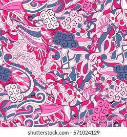 Tracery seamless calming pattern. Mehndi design. Ethnic colorful doodle texture. Curved doodling background. Vector.