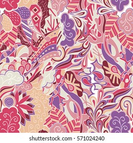 Tracery seamless calming pattern. Mehndi design. Ethnic colorful doodle texture. Curved doodling background. Vector.