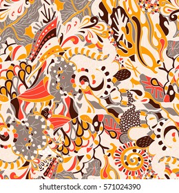 Tracery seamless calming pattern. Mehndi design. Ethnic colorful doodle texture. Curved doodling background. Vector.