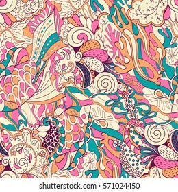 Tracery seamless calming pattern. Mehndi design. Ethnic colorful doodle texture. Curved doodling background. Vector.