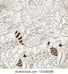 Tracery seamless calming pattern. Mehndi design. Ethnic monochrome binary doodle texture. Curved doodling background. Vector.