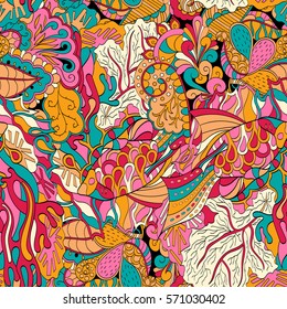 Tracery seamless calming pattern. Mehndi design. Ethnic colorful doodle texture. Curved doodling background. Vector.