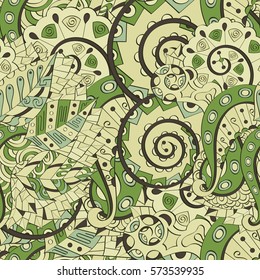 Tracery seamless calming pattern. Mehndi design. Ethnic colorful doodle texture. Curved doodling background. Vector.