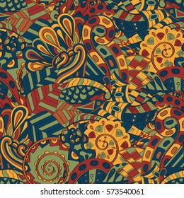 Tracery seamless calming pattern. Mehndi design. Ethnic colorful doodle texture. Curved doodling background. Vector.