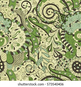 Tracery seamless calming pattern. Mehndi design. Ethnic colorful doodle texture. Curved doodling background. Vector.