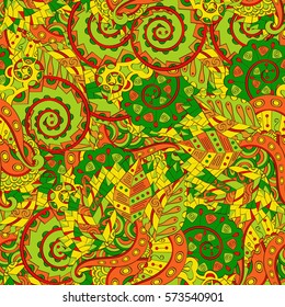 Tracery seamless calming pattern. Mehndi design. Ethnic colorful doodle texture. Curved doodling background. Vector.