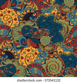 Tracery seamless calming pattern. Mehndi design. Ethnic colorful doodle texture. Curved doodling background. Vector.