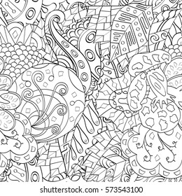 Tracery seamless calming pattern. Mehndi design. Ethnic monochrome binary doodle texture. Curved doodling black and white background. Vector.