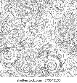 Tracery seamless calming pattern. Mehndi design. Ethnic monochrome binary doodle texture. Curved doodling black and white background. Vector.