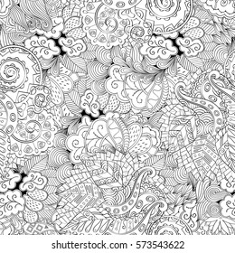 Tracery seamless calming pattern. Mehndi design. Ethnic monochrome binary doodle texture. Curved doodling black and white background. Vector.