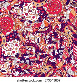 Tracery seamless calming pattern. Mehndi design. Ethnic colorful doodle texture. Curved doodling background. Vector.