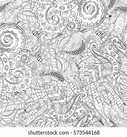 Tracery seamless calming pattern. Mehndi design. Ethnic monochrome binary doodle texture. Curved doodling black and white background. Vector.