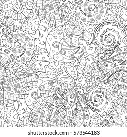 Tracery seamless calming pattern. Mehndi design. Ethnic monochrome binary doodle texture. Curved doodling black and white background. Vector.