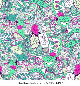 Tracery seamless calming pattern. Mehndi design. Ethnic colorful doodle texture. Curved doodling background. Vector.