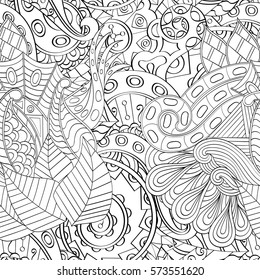 Tracery seamless calming pattern. Mehndi design. Ethnic monochrome binary doodle texture. Curved doodling black and white background. Vector.
